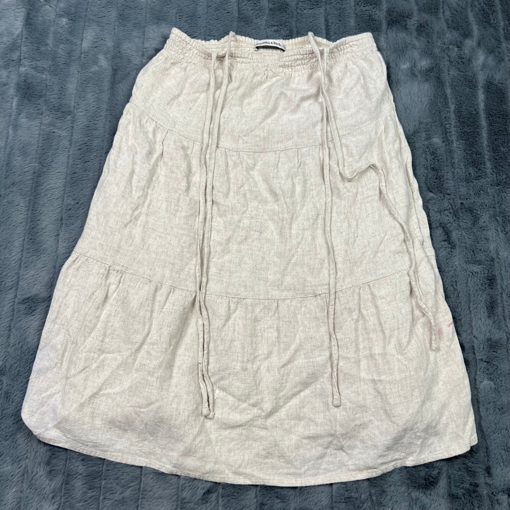 Abercrombie & Fitch Linen Blend Tiered Midi Skirt Beige XST Smocked Waist 11753